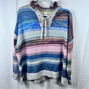 OVLA Plus 3X Striped Knit Hoodie Sweater Lace-Up Multicolor Boho Pullover Loose
